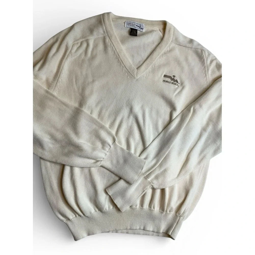 Pebble Beach V Neck  Golf Sweater Size XL USA  Preppy Classic Off‎ White Cotton